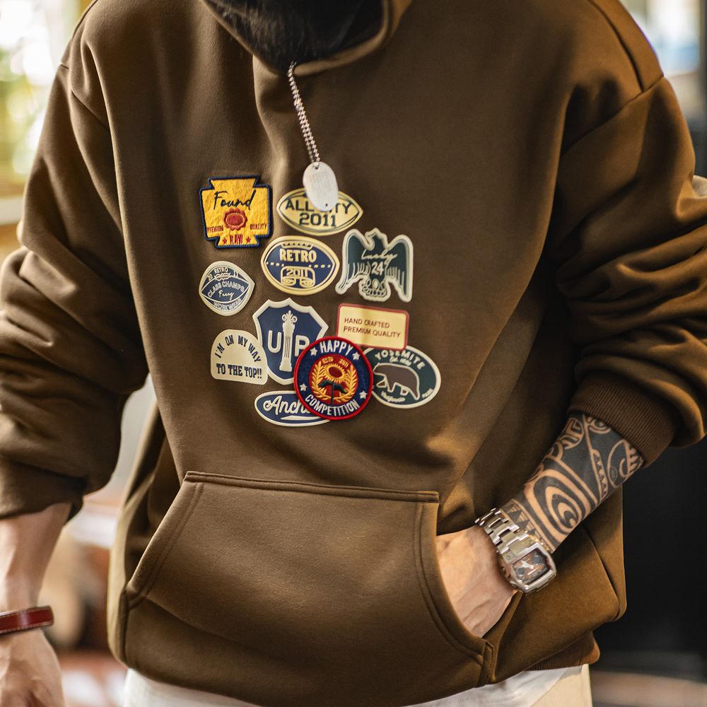 Sherpa Hoodie Fleece - Maden Vintage hommes brodé Badge sweat