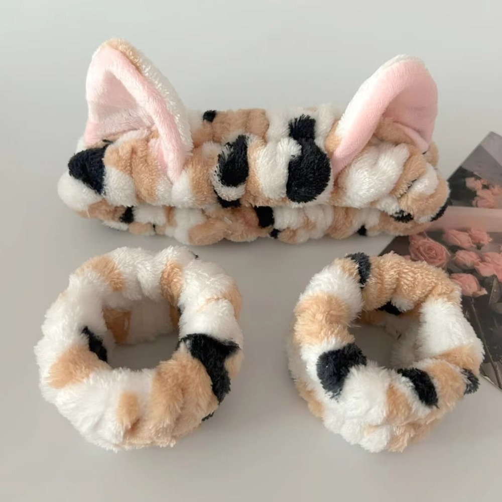 Winter Headband Fleece - 3 pièces/ensemble imprimé léopard mignon chat