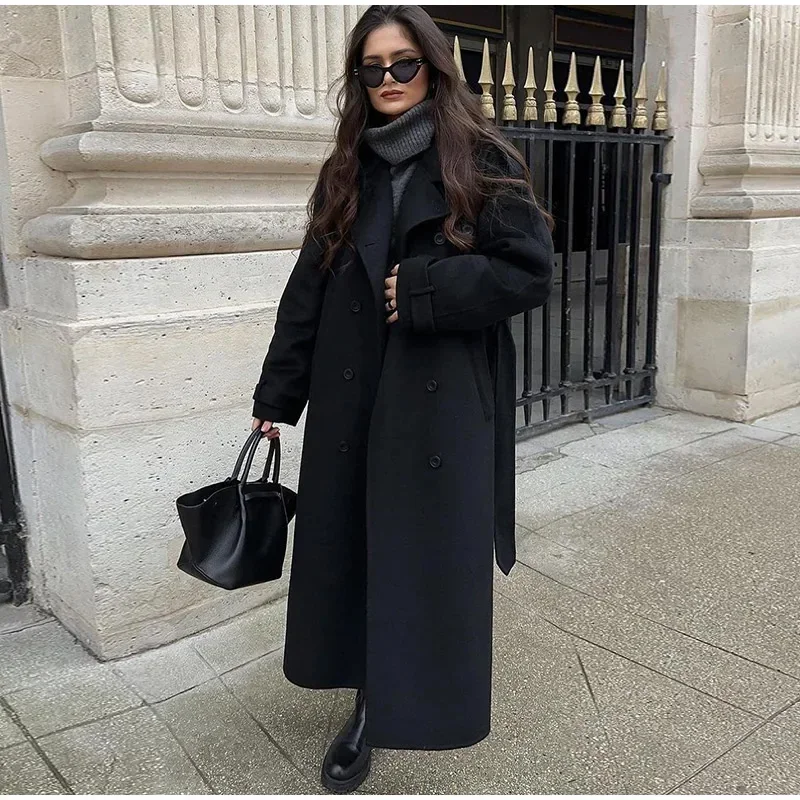 Wool Coat Peacoat - Élégant gris ceinture longue Faux laine